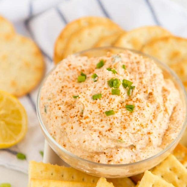 A plate of food, with Crab dip and Cracker