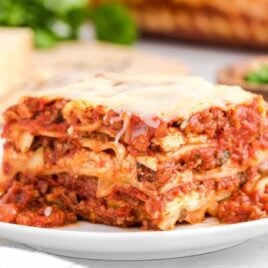 close up shot of a serving of Lasagna on a plate