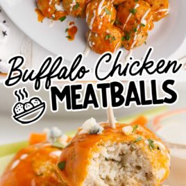 overhead and close up shot of a plate of Buffalo Chicken Meatballs drizzled with buffalo sauce and ranch dressing and sprinkled with parsley and blue cheese crumbles