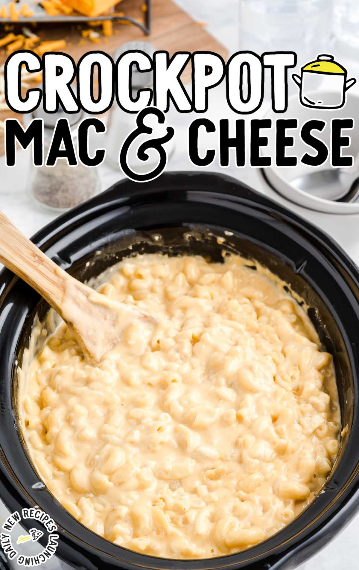 overhead shot of Best Crockpot Mac & Cheese in a crockpot