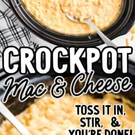 overhead shot of Best Crockpot Mac & Cheese in a crockpot with a spoon