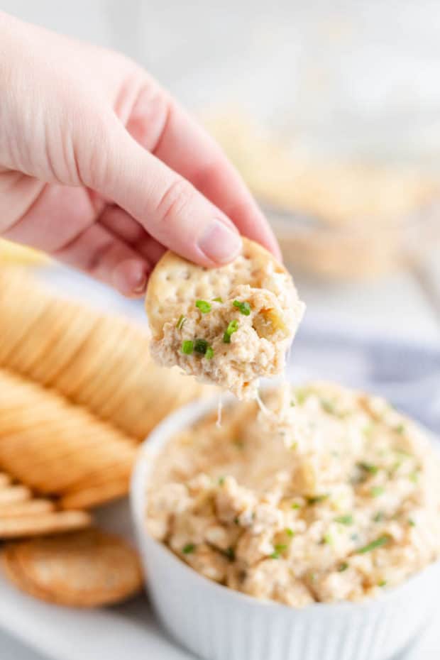 A person holding a plate of food, with Crab dip and Cracker
