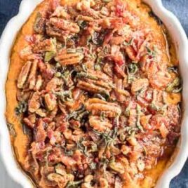 a overhead shot of Sweet Potato Casserole with Pecans in a bowl