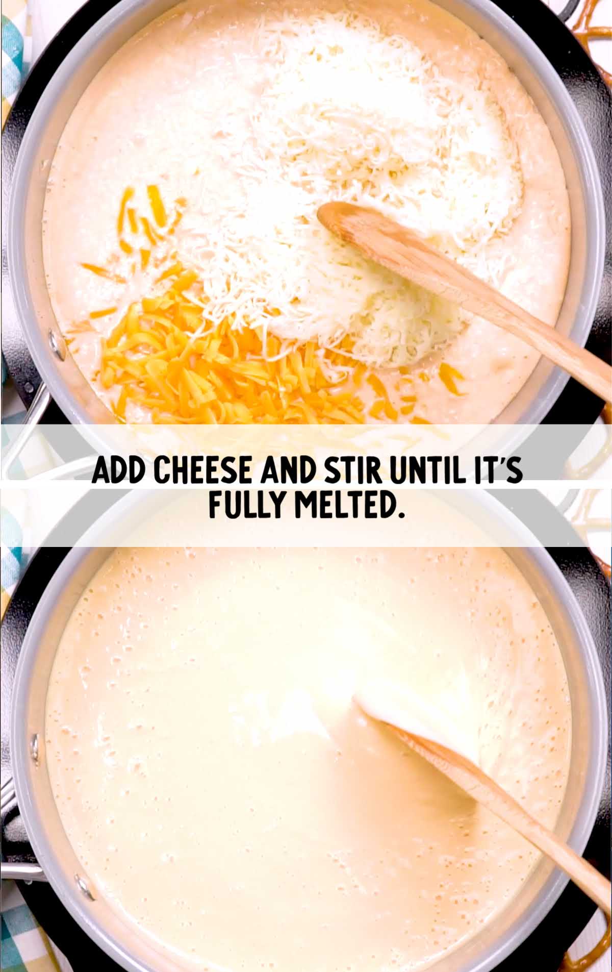 Beer cheese dip process shot of ingredients stirred together in a skillet