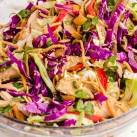 close up shot of Chinese chicken salad in a bowl