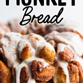 Tall pin reading easy dessert idea and close-up of cinnamon roll monkey bread with icing drizzle