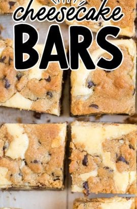 close up overhead shot of Chocolate Chip Cheesecake Bars