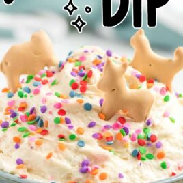 close up shot of a bowl of confetti dip topped with sprinkles and served with graham crackers