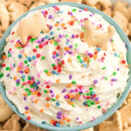 close up overhead shot of a bowl of confetti dip topped with sprinkles and served with graham crackers