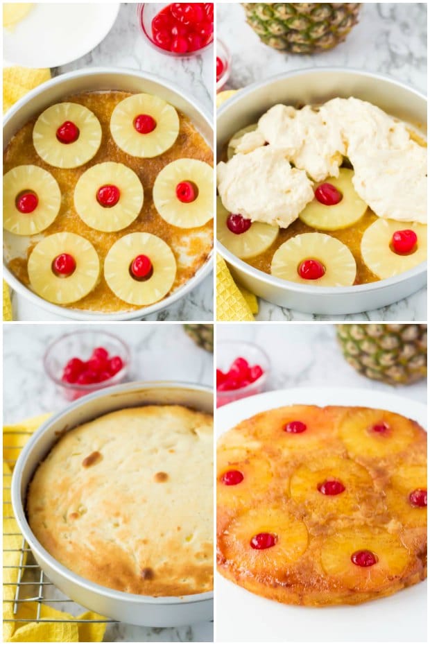 A bowl filled with different types of food on a plate, with Cake and Pineapple