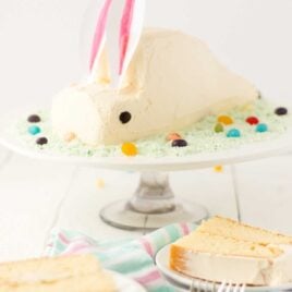 close up shot of a easter bunny cake on a cake stand