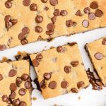 close up overhead shot of chocolate chip cookie bars sliced