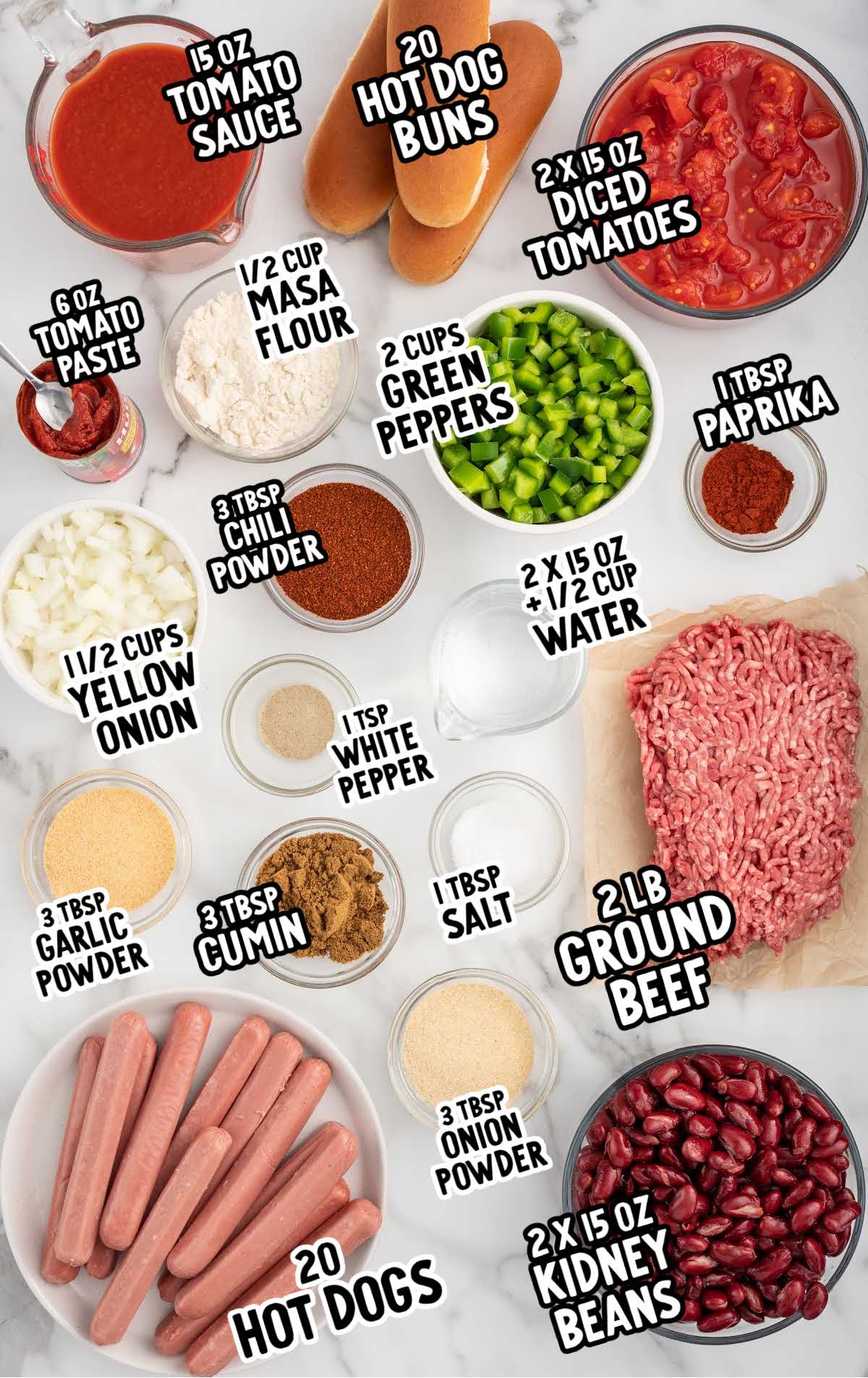 Ingredients for hot dog chili recipe including ground beef, kidney beans, tomatoes, spices, hot dogs, and buns