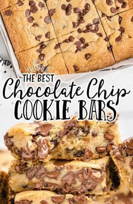 overhead shot of a chocolate chip cookie bars sliced in a dish and bars stacked on top of each other
