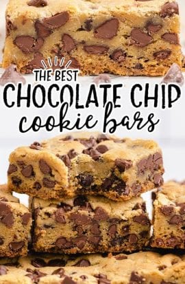 close up shot of a chocolate chip cookie bars and bars stacked on top of each other