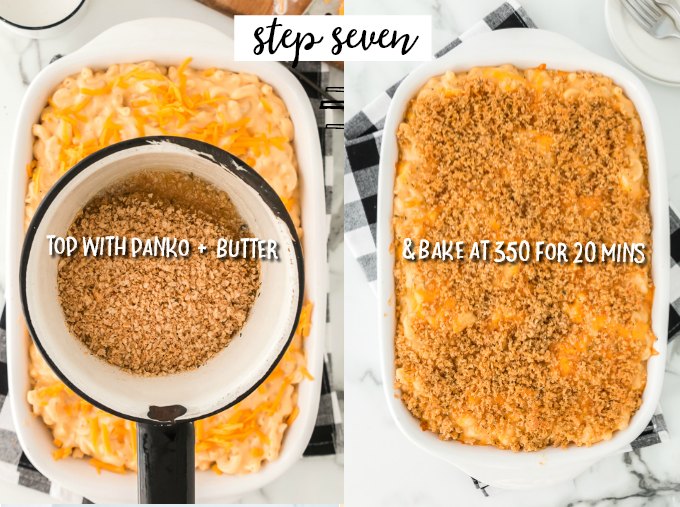 two photos showing how to add breaded panko topping to baked mac and cheese