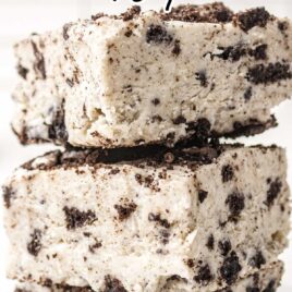 close up shot of oreo fudge stacked on of each other