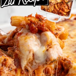 A cheesy serving of Baked Ziti is lifted from a casserole dish, showing melted mozzarella and rich tomato sauce. The text reads โVintage Baked Ziti Recipe.โ Another view of the Baked Ziti is inset above.