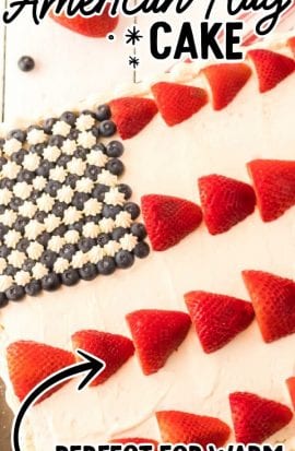 close up shot of American flag cake topped with strawberries and blueberries