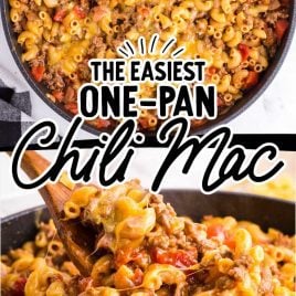close up overhead shot of Chili Mac in a skillet