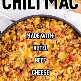 close up overhead shot of Chili Mac in a skillet