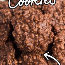 close up overhead shot of Chocolate Peanut Butter No Bake Cookies stacked together on a plate