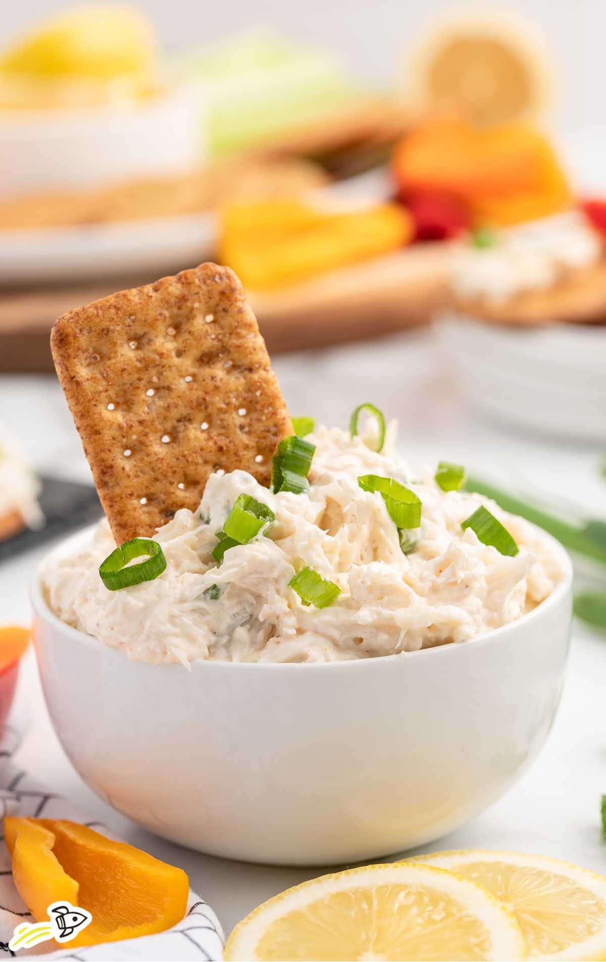 a bowl of Crab Dip topped with chopped green onions and a cracker