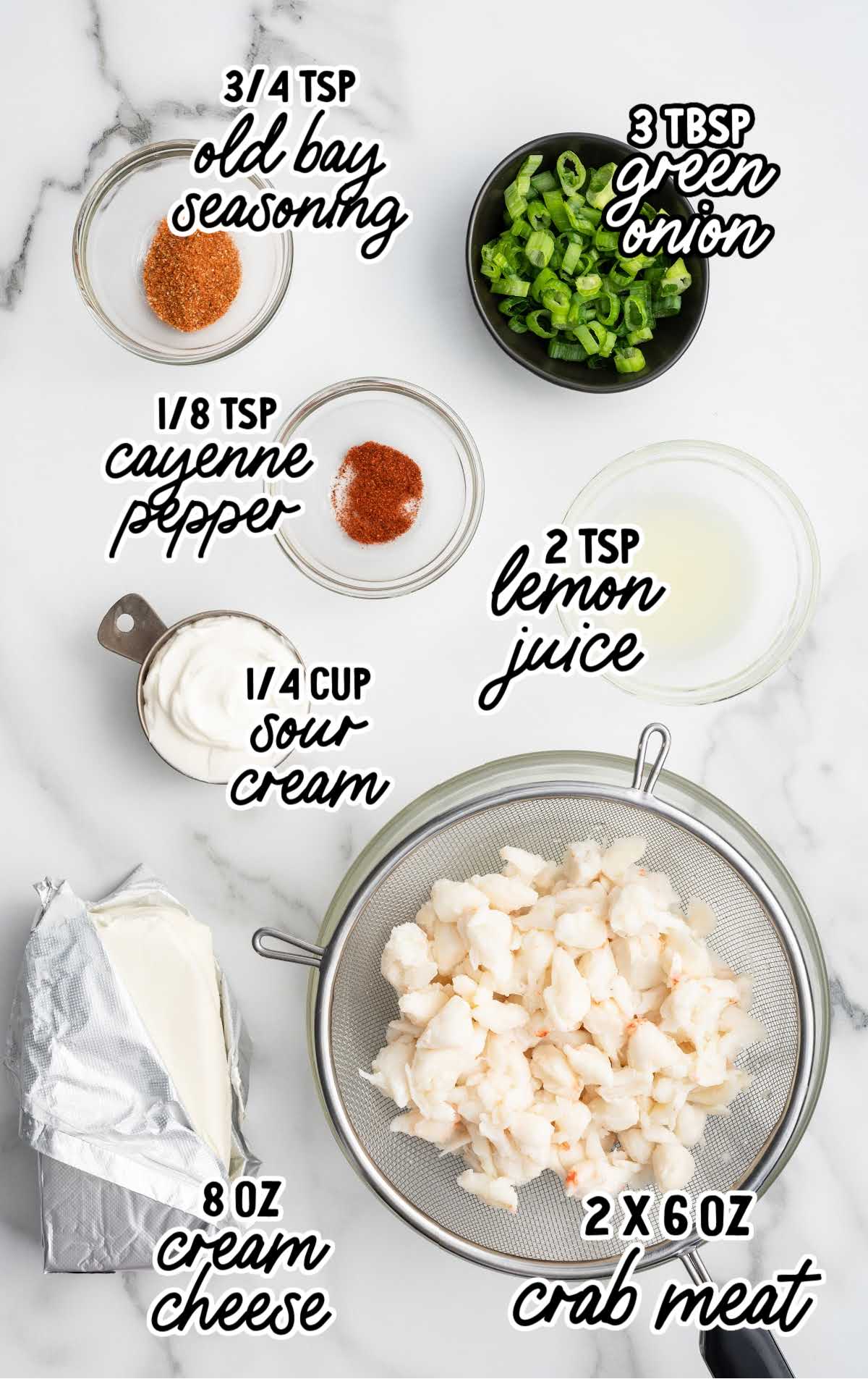 Cold Crab Dip Recipe raw ingredients that are labeled