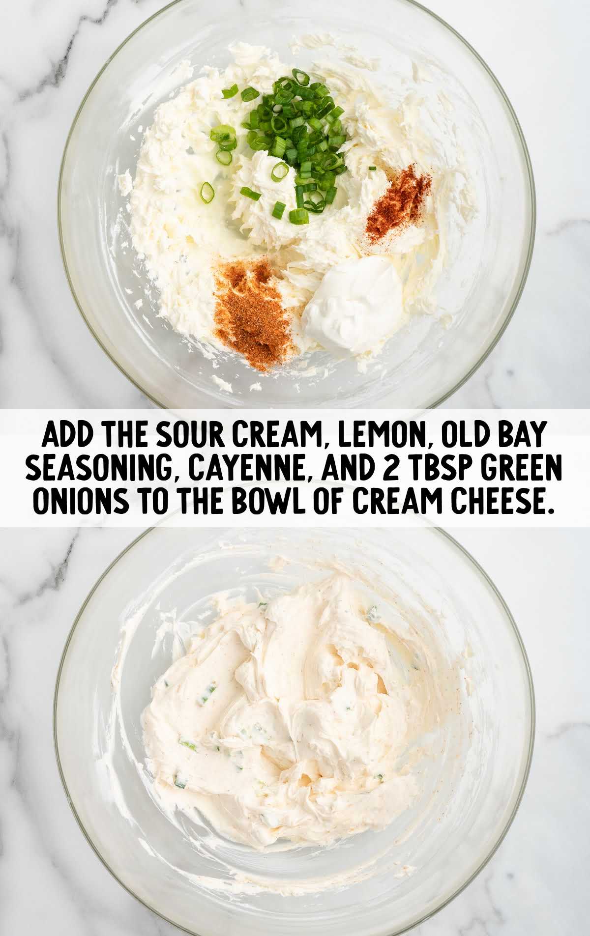 sour cream, fresh lemon juice, Old Bay Garlic & Herb Seasoning blend, cayenne pepper, and thinly sliced green onions  added to the bowl with the cream cheese