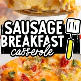 Forkful of cheesy sausage breakfast casserole with layers of potatoes, sausage, eggs, and vegetables.