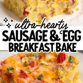 Ultra-hearty sausage and egg breakfast casserole with melted cheese and diced tomatoes served on a plate.
