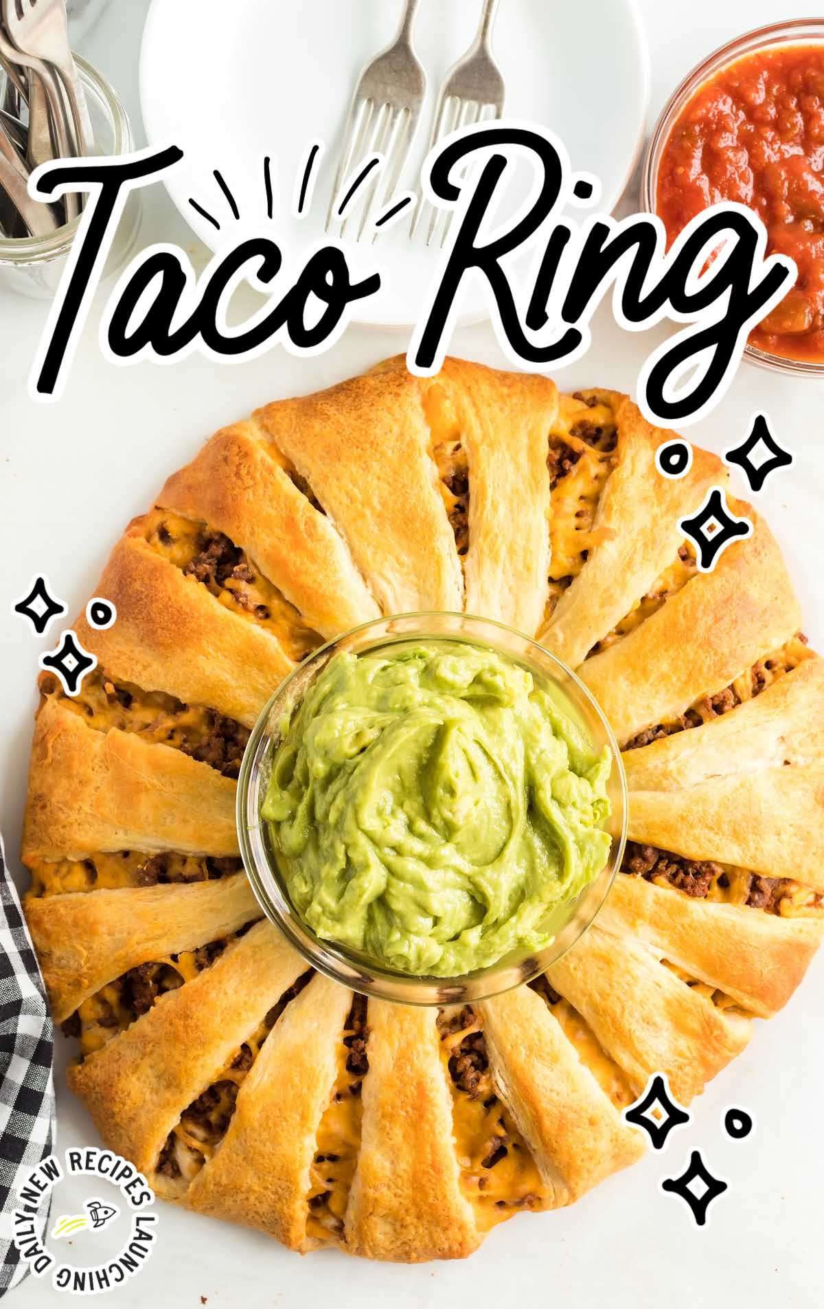 overhead shot of Taco Ring with guacamole dip 