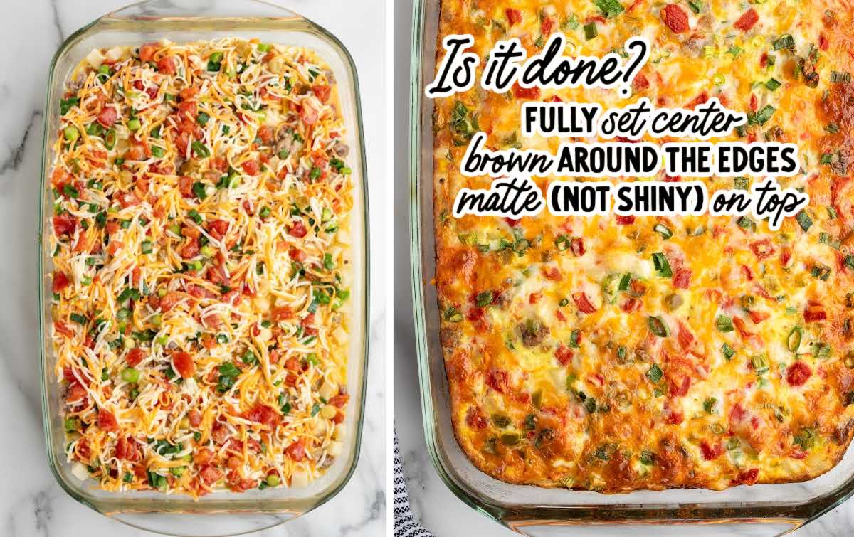 Glass baking dish of sausage breakfast casserole before and after baking, topped with cheese, tomatoes, and green onions.