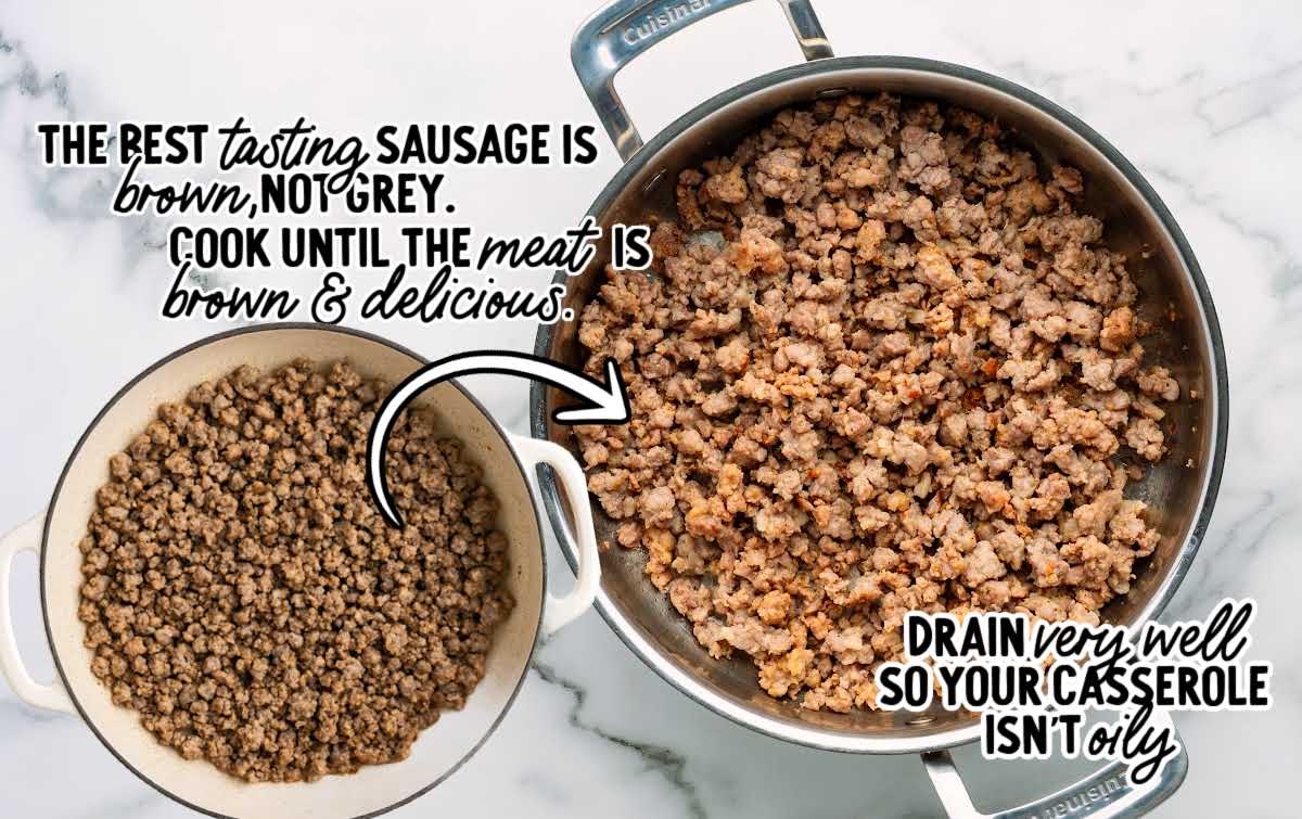 Skillet of browned sausage with arrow showing drained sausage in bowl for casserole preparation.
