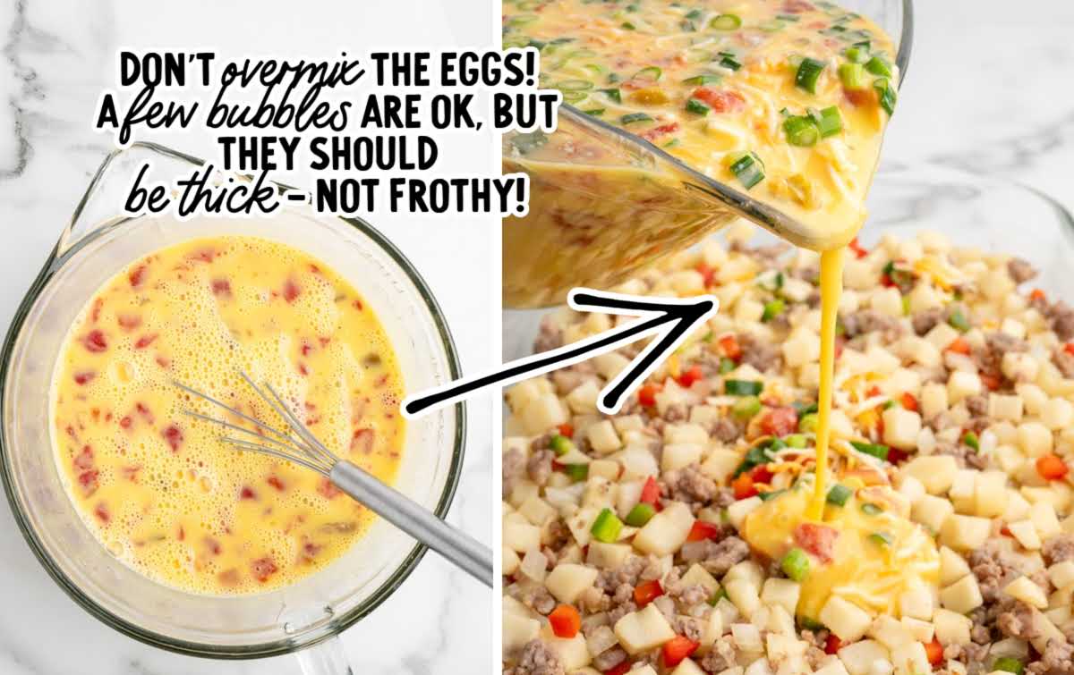 Mixing bowl of whisked eggs with tomatoes and green onions being poured over sausage, potatoes, and vegetables in casserole dish.