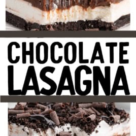 Chocolate Lasagna dessert with layers of chocolate, cream, and cookie crust, topped with whipped cream and chocolate shavings. A fork cuts into a slice, revealing the creamy layers of this irresistible Chocolate Lasagna Recipe.