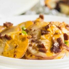 close up shot of potatoes topped with cheese, bacon bites, and green onions on a plate