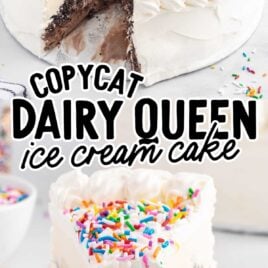 Copycat Dairy Queen Ice Cream Cake with a slice missing and a slice of Copycat Dairy Queen Ice Cream Cake on a plate