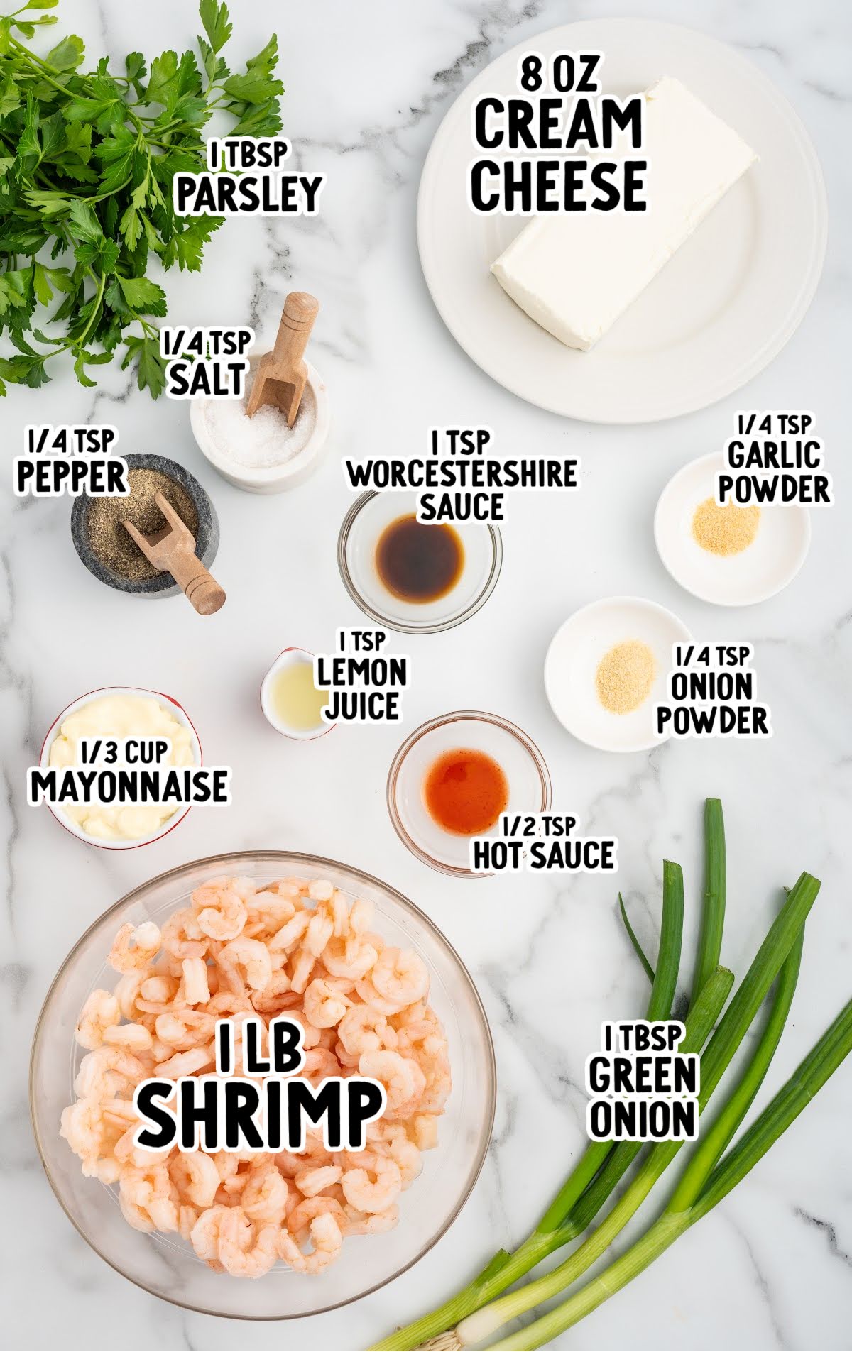 labeled raw ingredients for shrimp dip