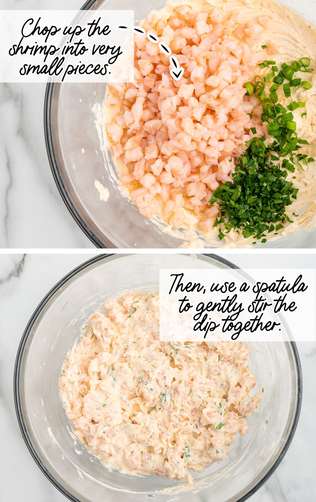 shrimp and herbs added to the bowl of ingredients for the shrimp dip
