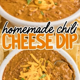 Two bowls of chili cheese dip topped with cheddar and herbs, with tortilla chips and text reading "Homemade Chili Cheese Dip – Done in 20 Min!"
