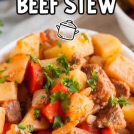 close up shot of a bowl of beef stew garnished with parsley
