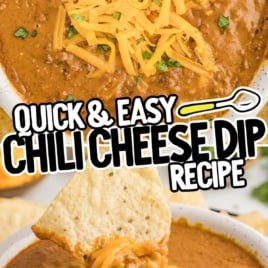 Overhead and close-up images of chili cheese dip with shredded cheddar and tortilla chips, with text overlay "Quick & Easy Chili Cheese Dip Recipe"
