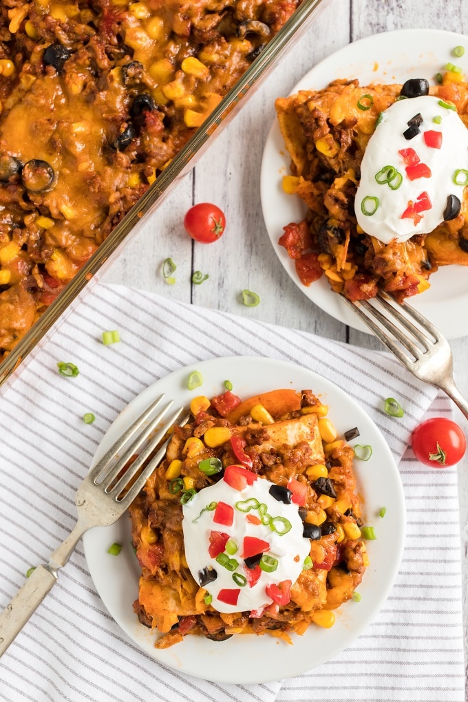 A bunch of different types of food on a plate, with Taco and Casserole