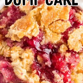 close up overhead shot of a bowl of Cherry Pineapple Dump Cake