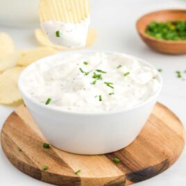 close up shot of French Onion Dip in a white bowl