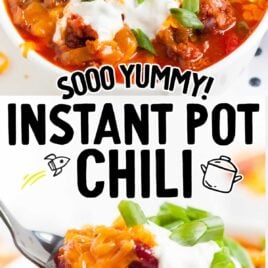 Instant Pot Chili topped with sour cream and green onion in a bowl and a spoon full of Instant Pot Chili