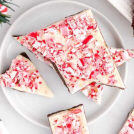 close up overhead shot of Peppermint Bark on a plate
