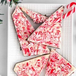 close up overhead shot of Peppermint Bark on a serving tray with a peppermint