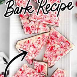 close up overhead shot of Peppermint Bark on a serving tray with peppermints